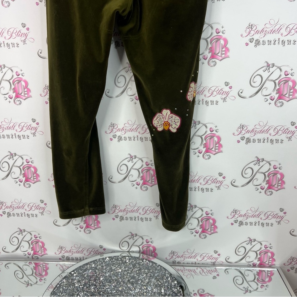 Alanda rling pants soft bling rhinestone flowers pockets y2k Olive Green Pants - Picture 11 of 14